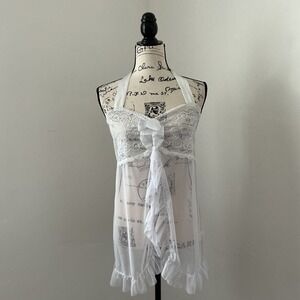 Avidlove‎ White Lace Halter Babydoll Chemise Lingerie XL Sheer Ruffle Trim
